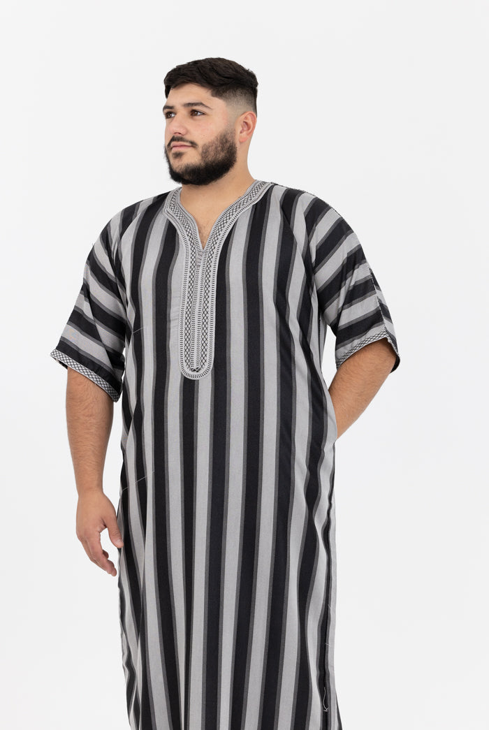 Moroccan Striped Short Sleeve Thobe - Black