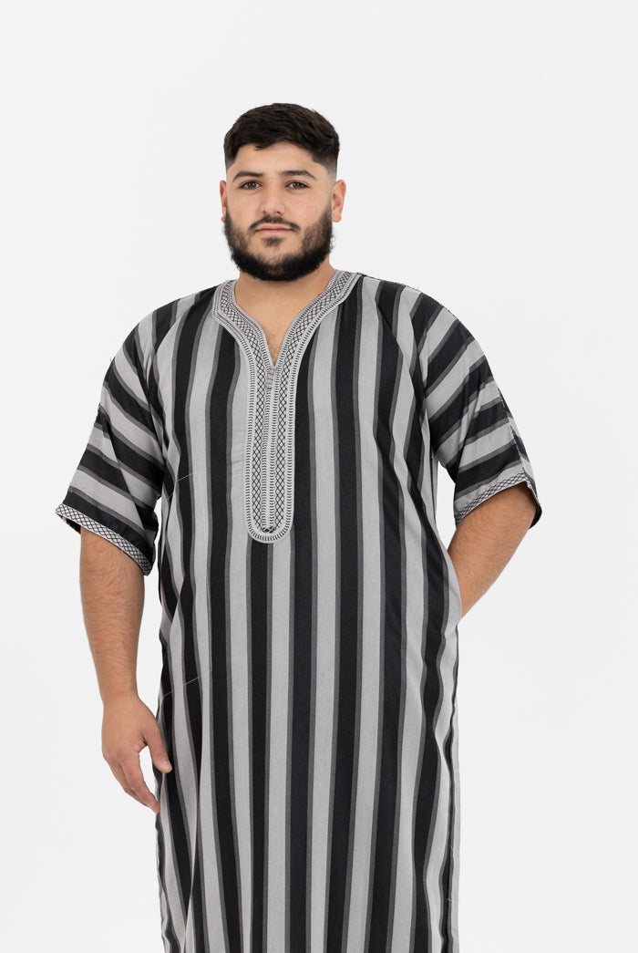 Moroccan Striped Short Sleeve Thobe - Black