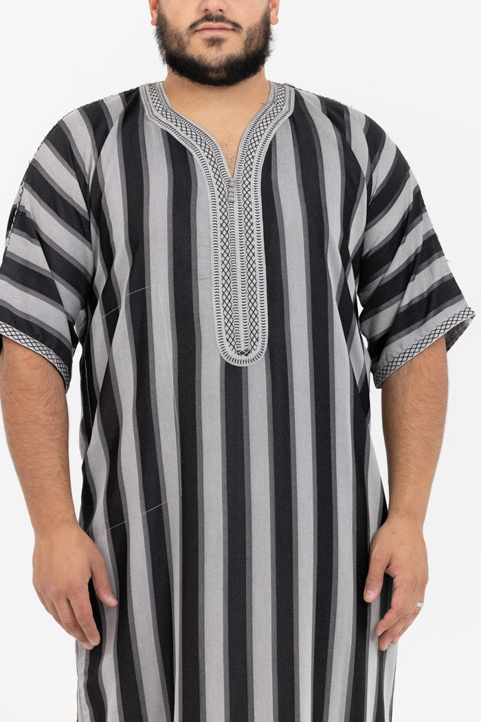 Moroccan Striped Short Sleeve Thobe - Black