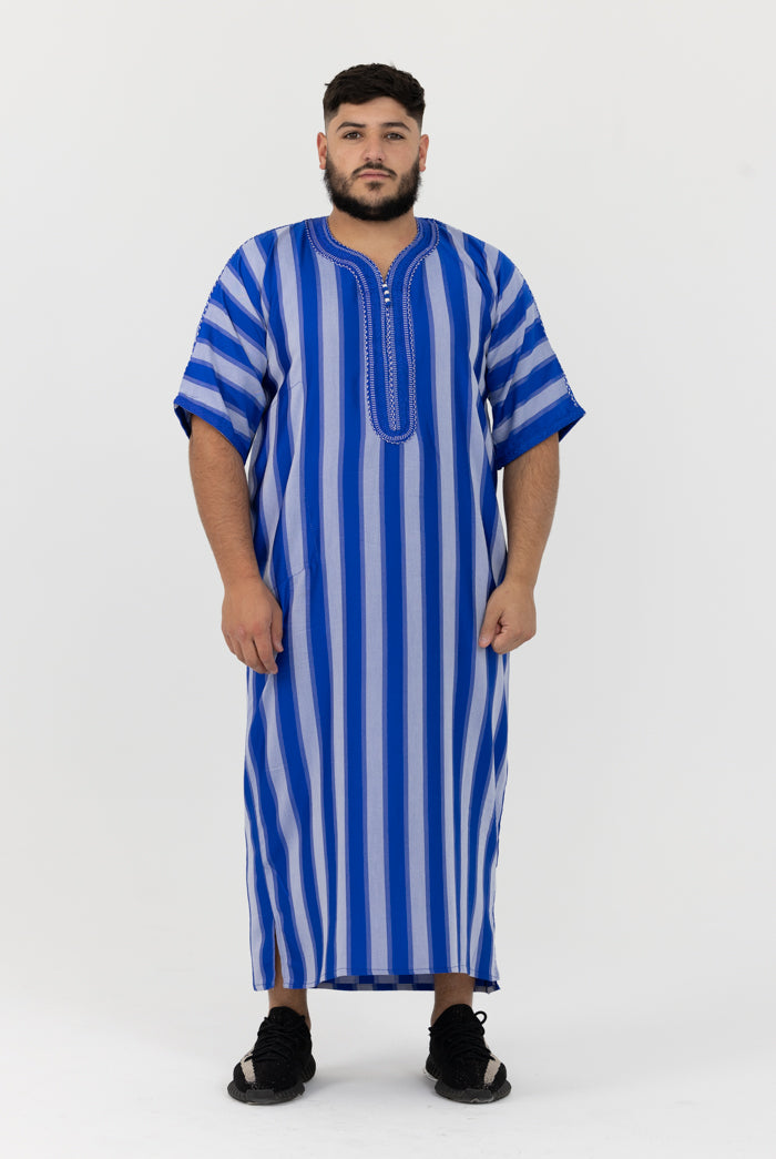 Moroccan Striped Short Sleeve Thobe - Blue