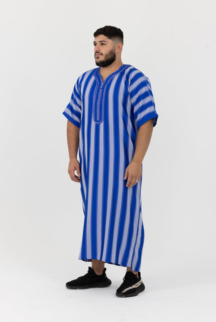 Moroccan Striped Short Sleeve Thobe - Blue