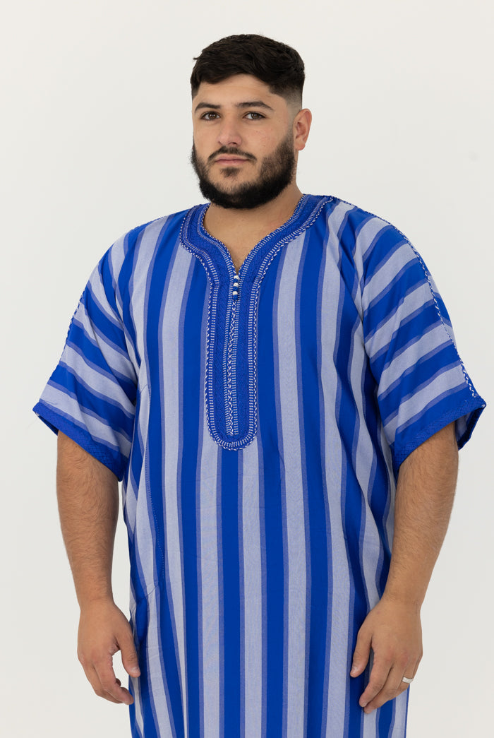 Moroccan Striped Short Sleeve Thobe - Blue