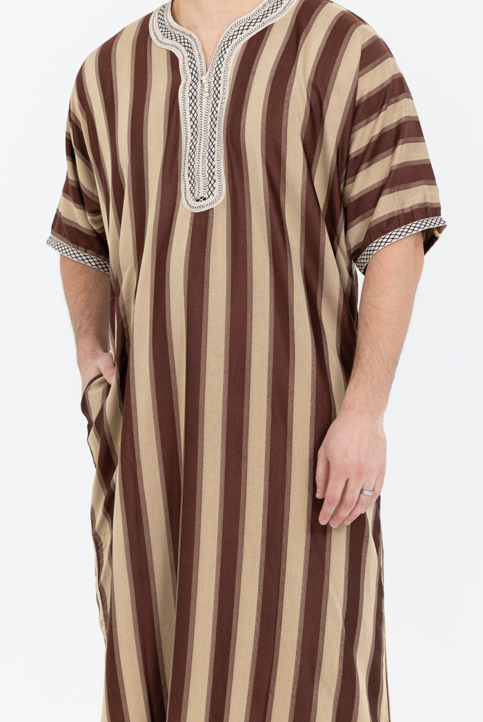 Moroccan Striped Short Sleeve Thobe - Brown & Cream Embroidered
