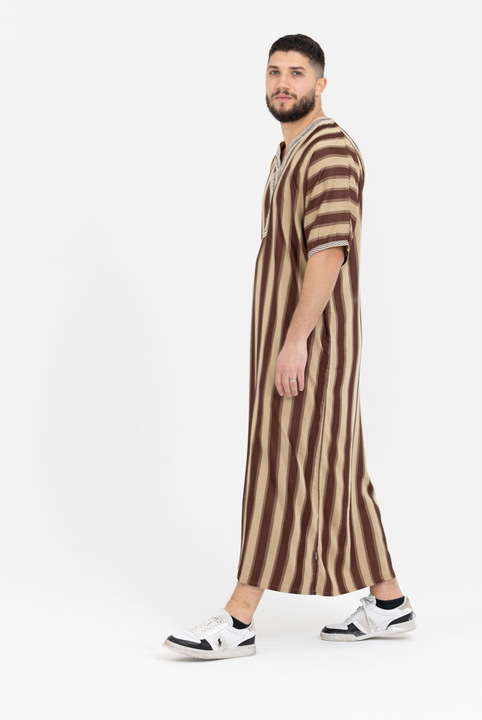 Moroccan Striped Short Sleeve Thobe - Brown & Cream Embroidered