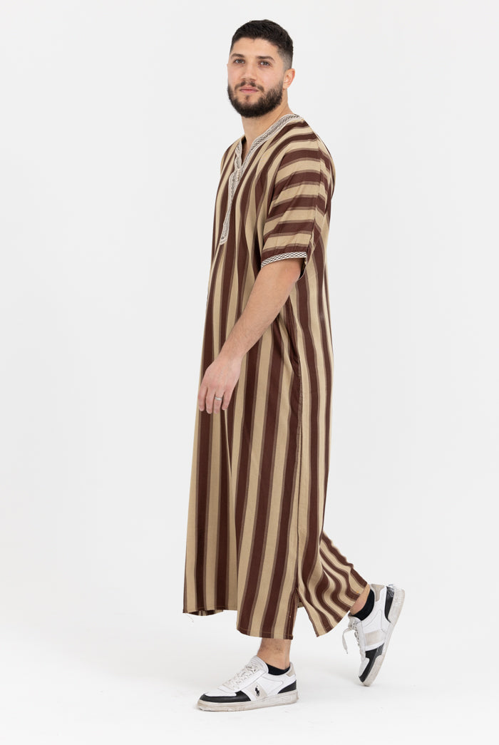 Moroccan Striped Short Sleeve Thobe - Brown & Cream Embroidered