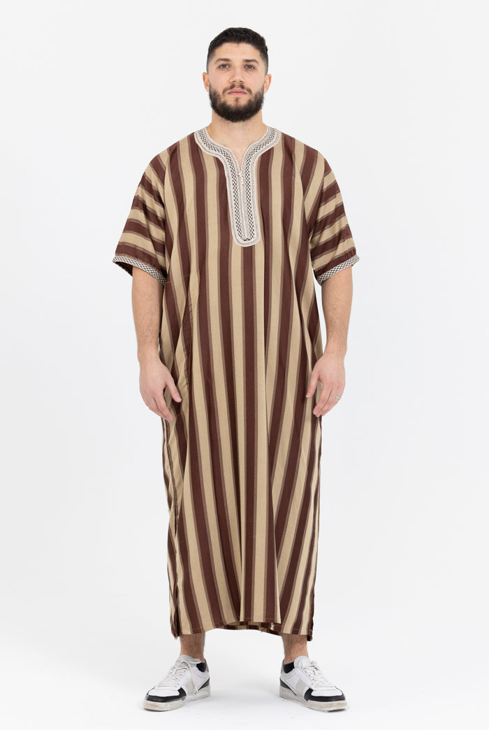 Moroccan Striped Short Sleeve Thobe - Brown & Cream Embroidered