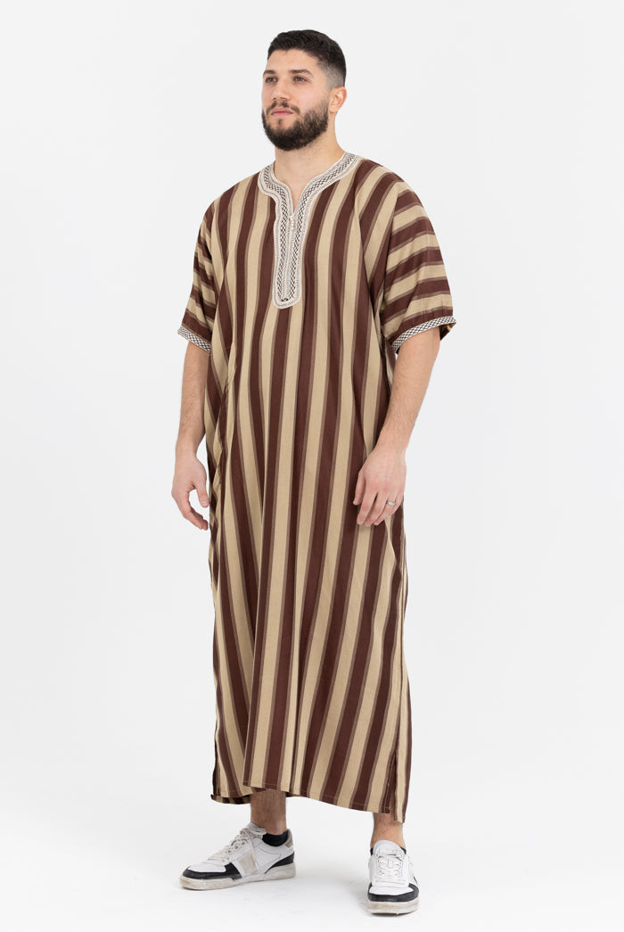 Moroccan Striped Short Sleeve Thobe - Brown & Cream Embroidered