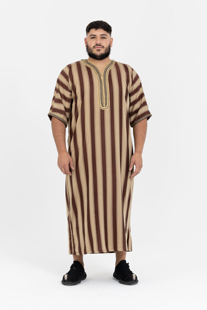 Moroccan Striped Short Sleeve Thobe - Brown & Gold Embroidered