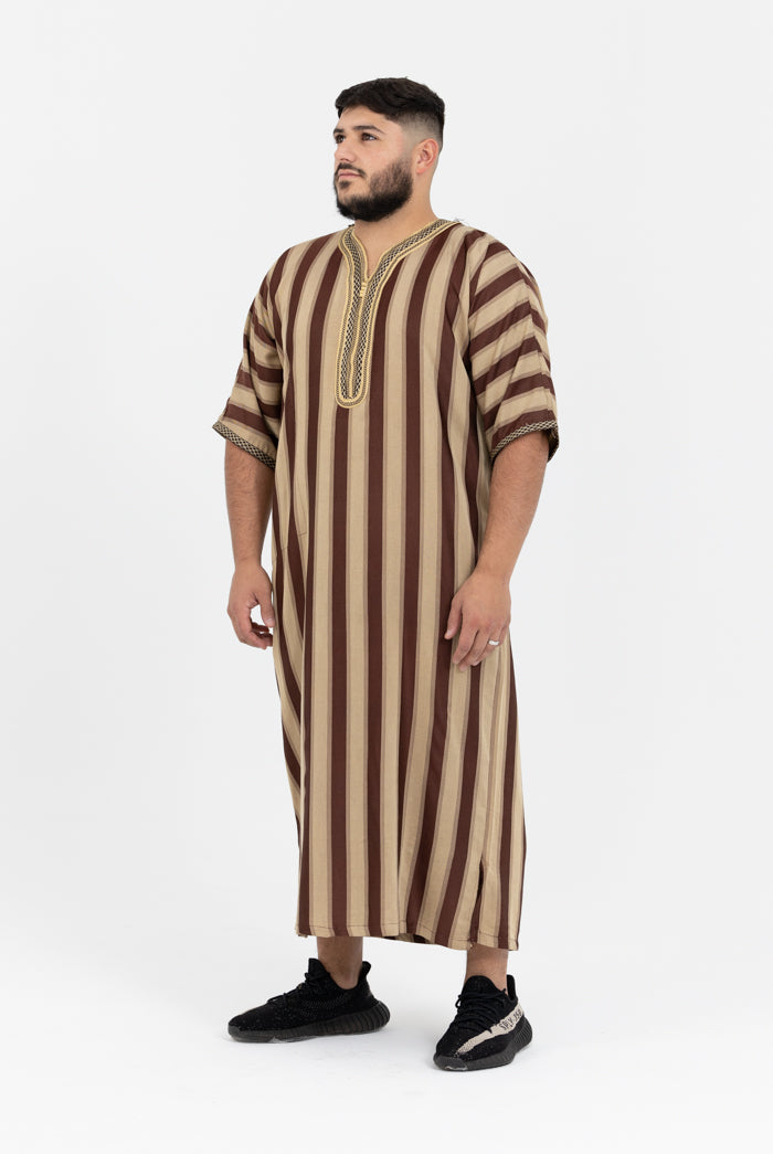 Moroccan Striped Short Sleeve Thobe - Brown & Gold Embroidered