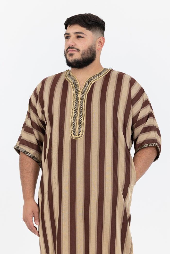 Moroccan Striped Short Sleeve Thobe - Brown & Gold Embroidered