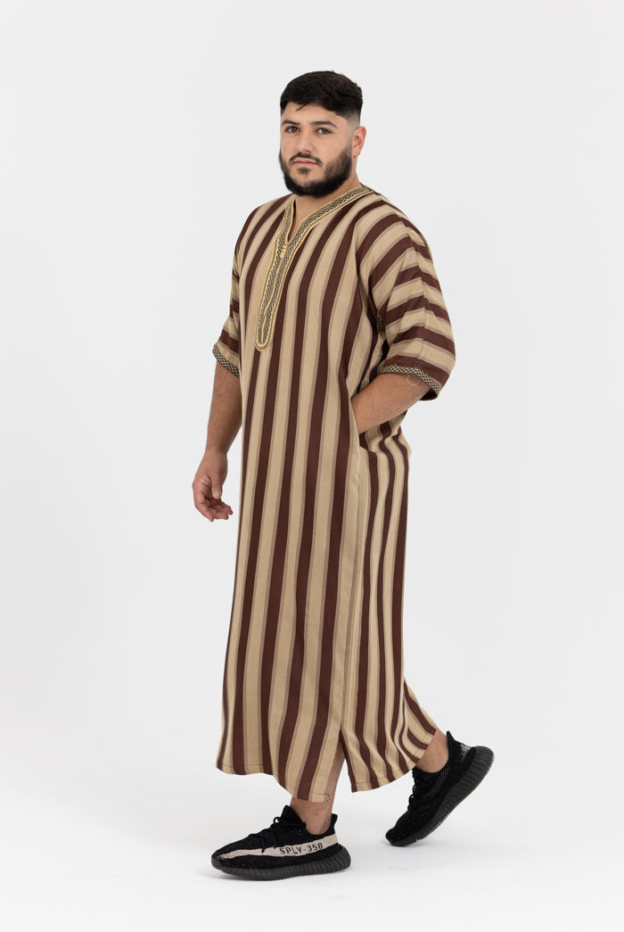 Moroccan Striped Short Sleeve Thobe - Brown & Gold Embroidered