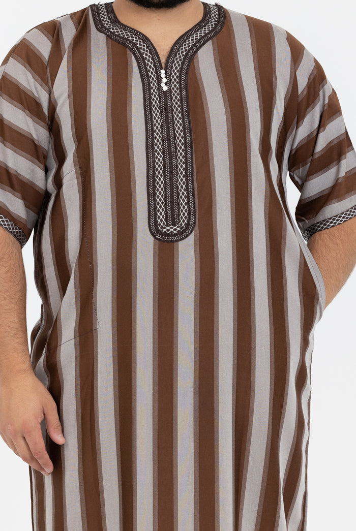 Moroccan Striped Short Sleeve Thobe - Chocolate