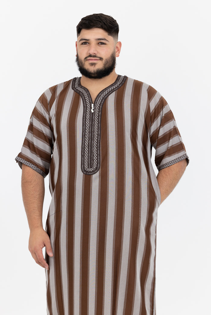 Moroccan Striped Short Sleeve Thobe - Chocolate