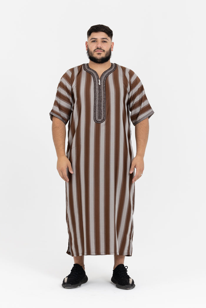 Moroccan Striped Short Sleeve Thobe - Chocolate