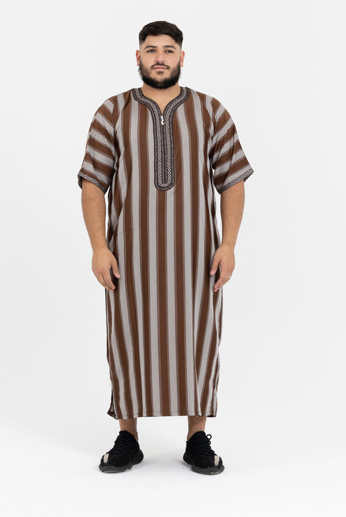 Moroccan Striped Short Sleeve Thobe - Chocolate