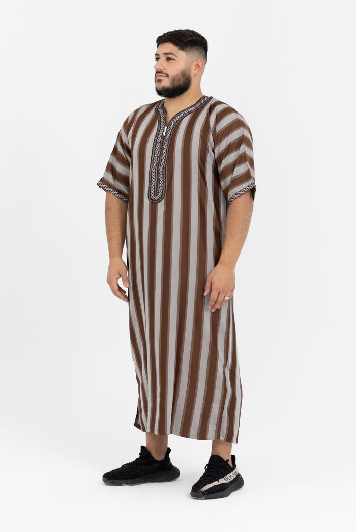 Moroccan Striped Short Sleeve Thobe - Chocolate