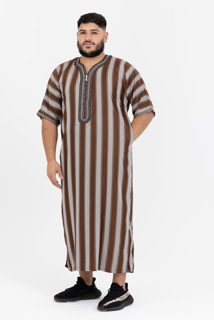 Moroccan Striped Short Sleeve Thobe - Chocolate