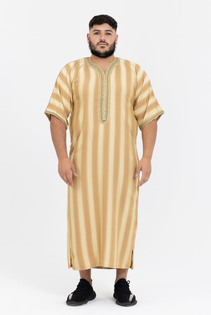 Moroccan Striped Short Sleeve Thobe - Cream
