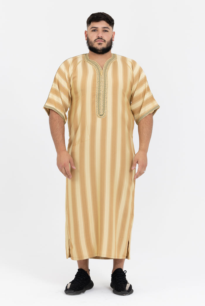 Moroccan Striped Short Sleeve Thobe - Cream
