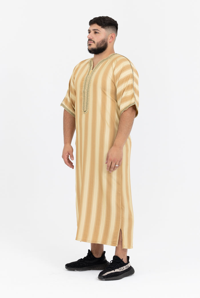 Moroccan Striped Short Sleeve Thobe - Cream