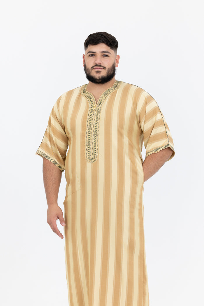 Moroccan Striped Short Sleeve Thobe - Cream