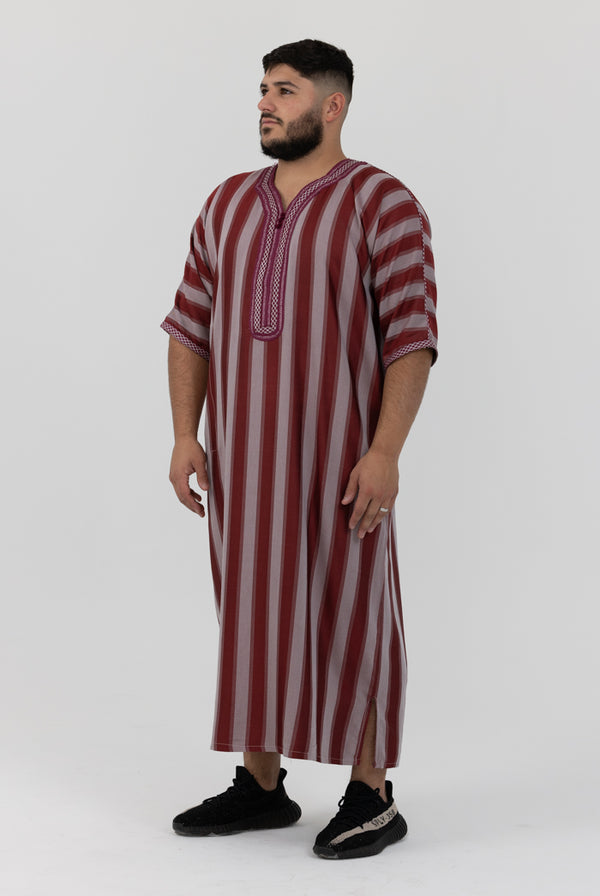 Moroccan Striped Short Sleeve Thobe - Maroon