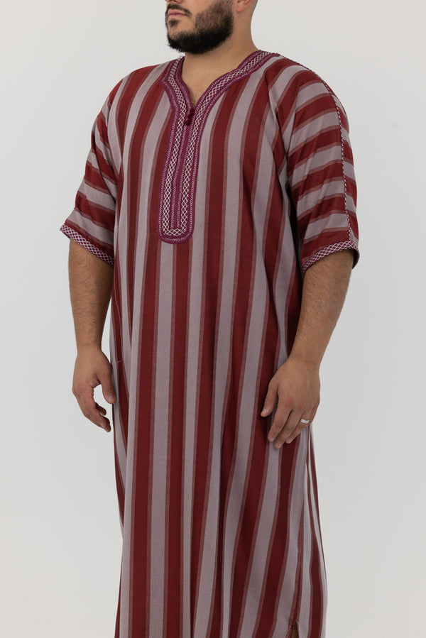 Moroccan Striped Short Sleeve Thobe - Maroon