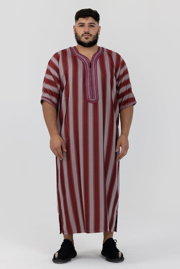 Moroccan Striped Short Sleeve Thobe - Maroon