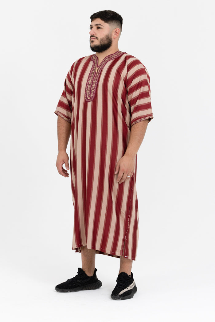 Moroccan Striped Short Sleeve Thobe - Maroon & Cream