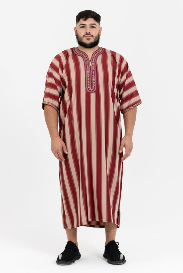 Moroccan Striped Short Sleeve Thobe - Maroon & Cream