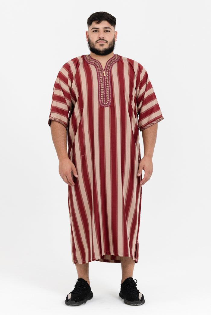 Moroccan Striped Short Sleeve Thobe - Maroon & Cream