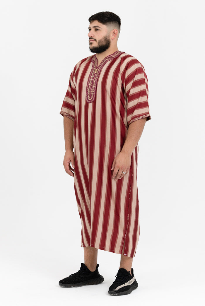 Moroccan Striped Short Sleeve Thobe - Maroon & Cream