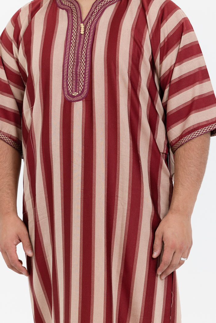 Moroccan Striped Short Sleeve Thobe - Maroon & Cream