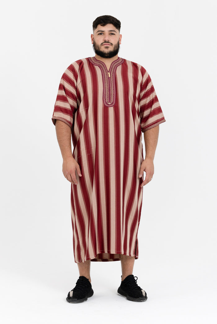 Moroccan Striped Short Sleeve Thobe - Maroon & Cream