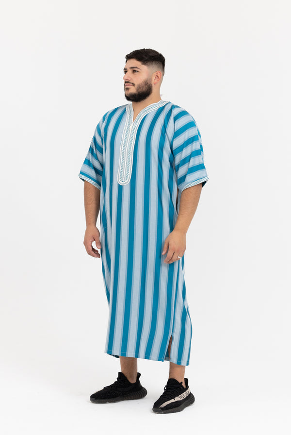 Moroccan Striped Short Sleeve Thobe - Teal