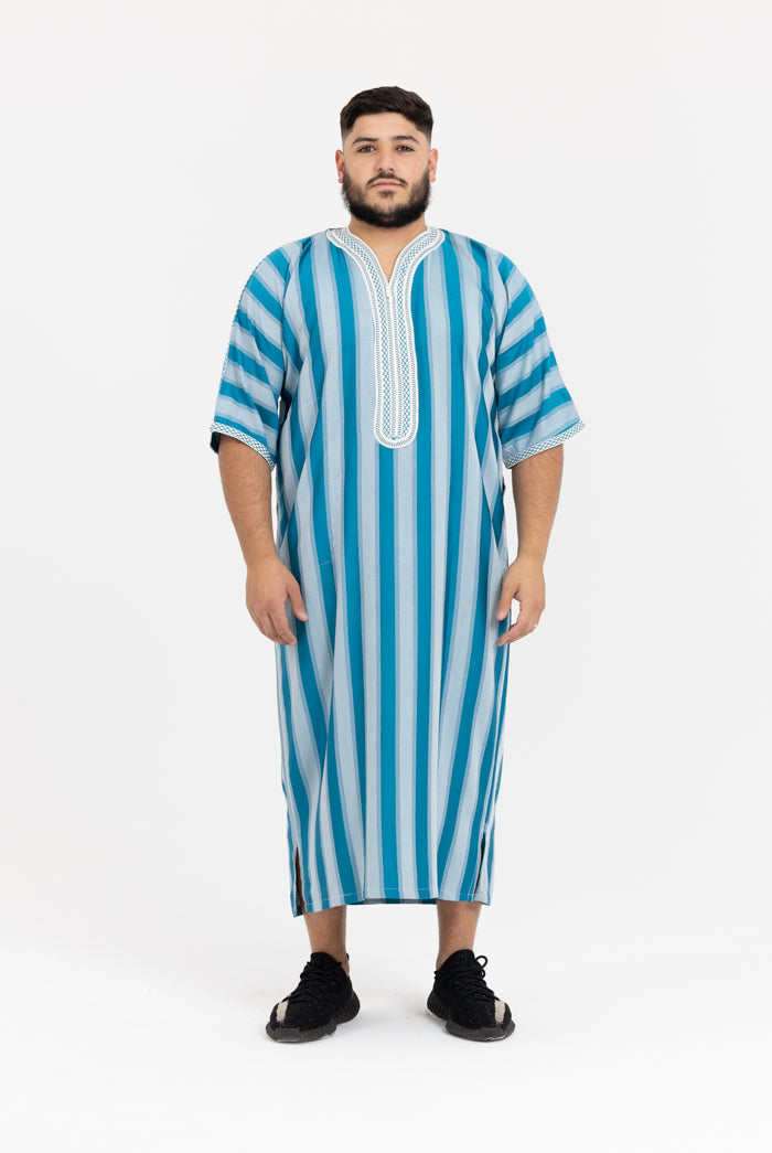 Moroccan Striped Short Sleeve Thobe - Teal