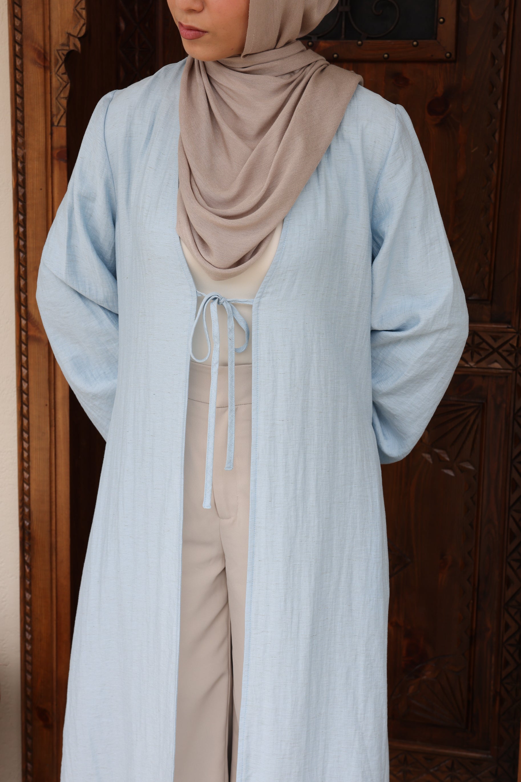 Nadira Linen Maxi Tie Up Kimono - Blue