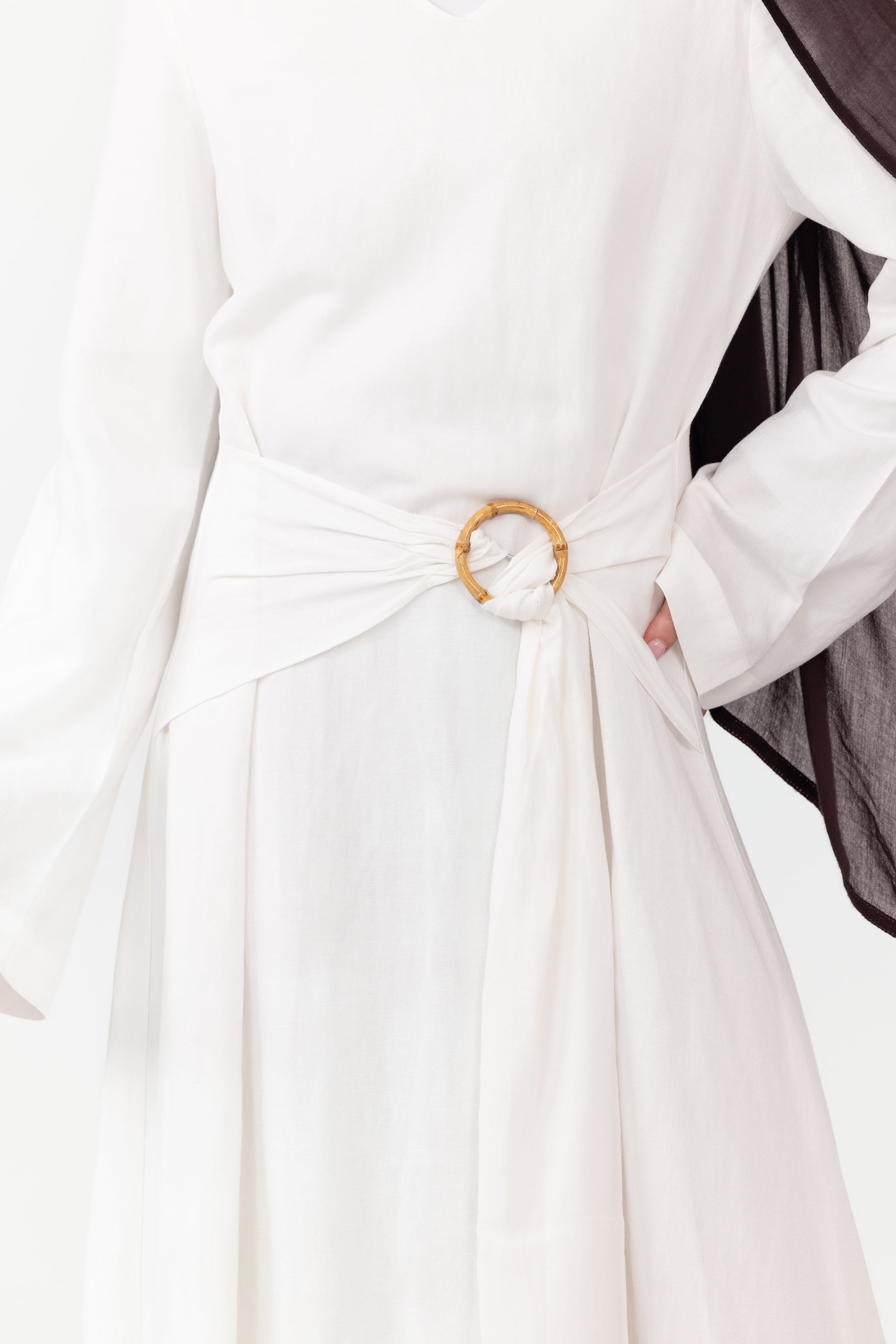 Linen V Neck Wrap Belt Dress - White