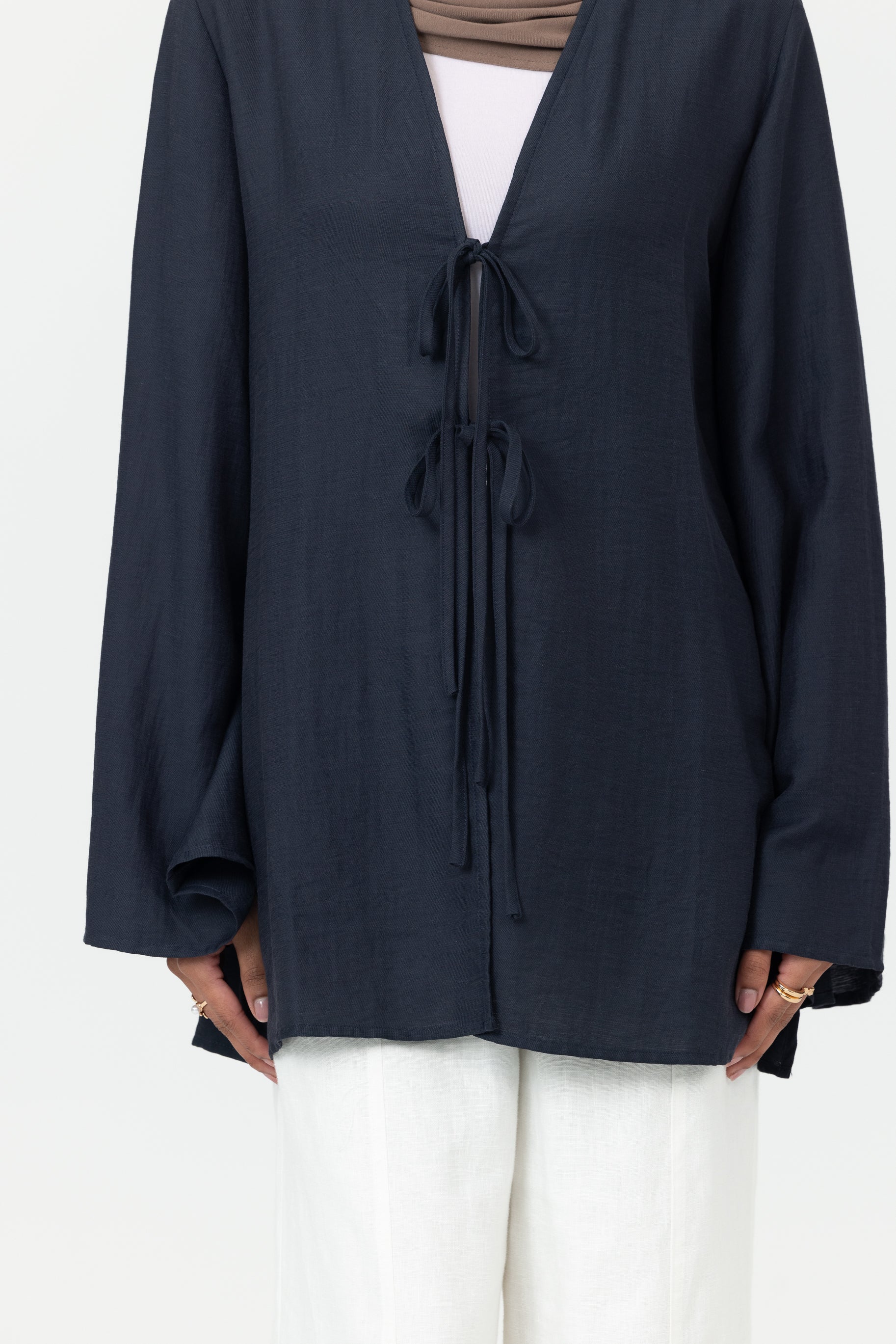 Nadira Linen Tie Up Top - Navy