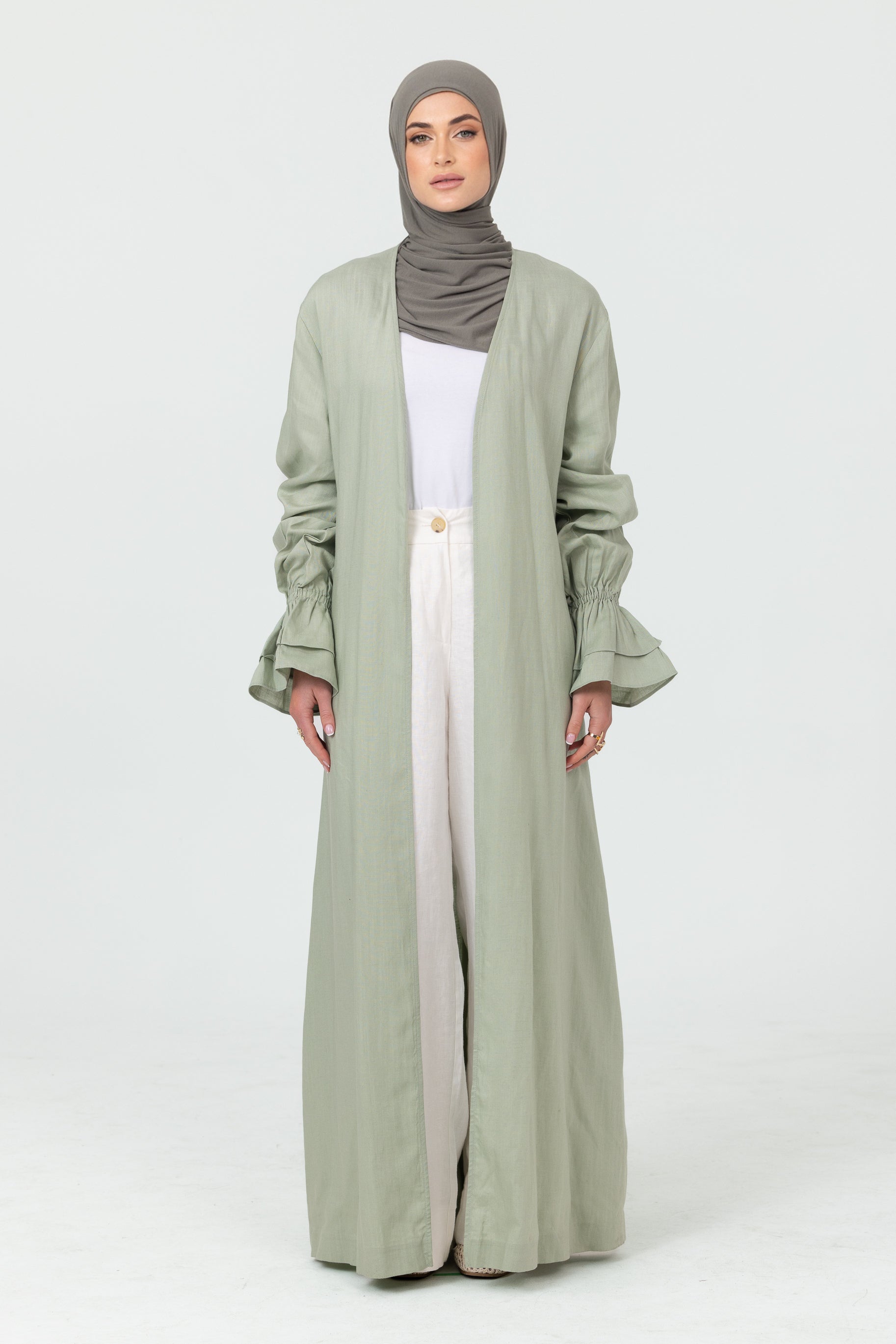 Aria Flounce Open Abaya - Mint