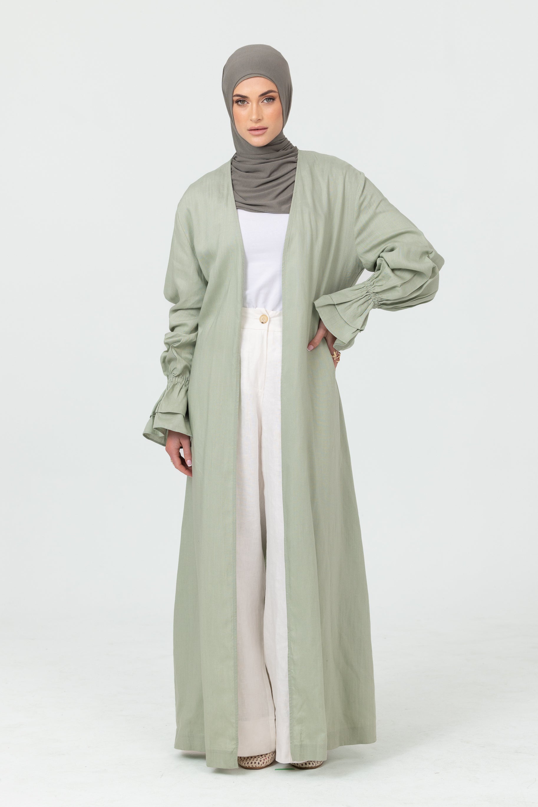 Aria Flounce Open Abaya - Mint