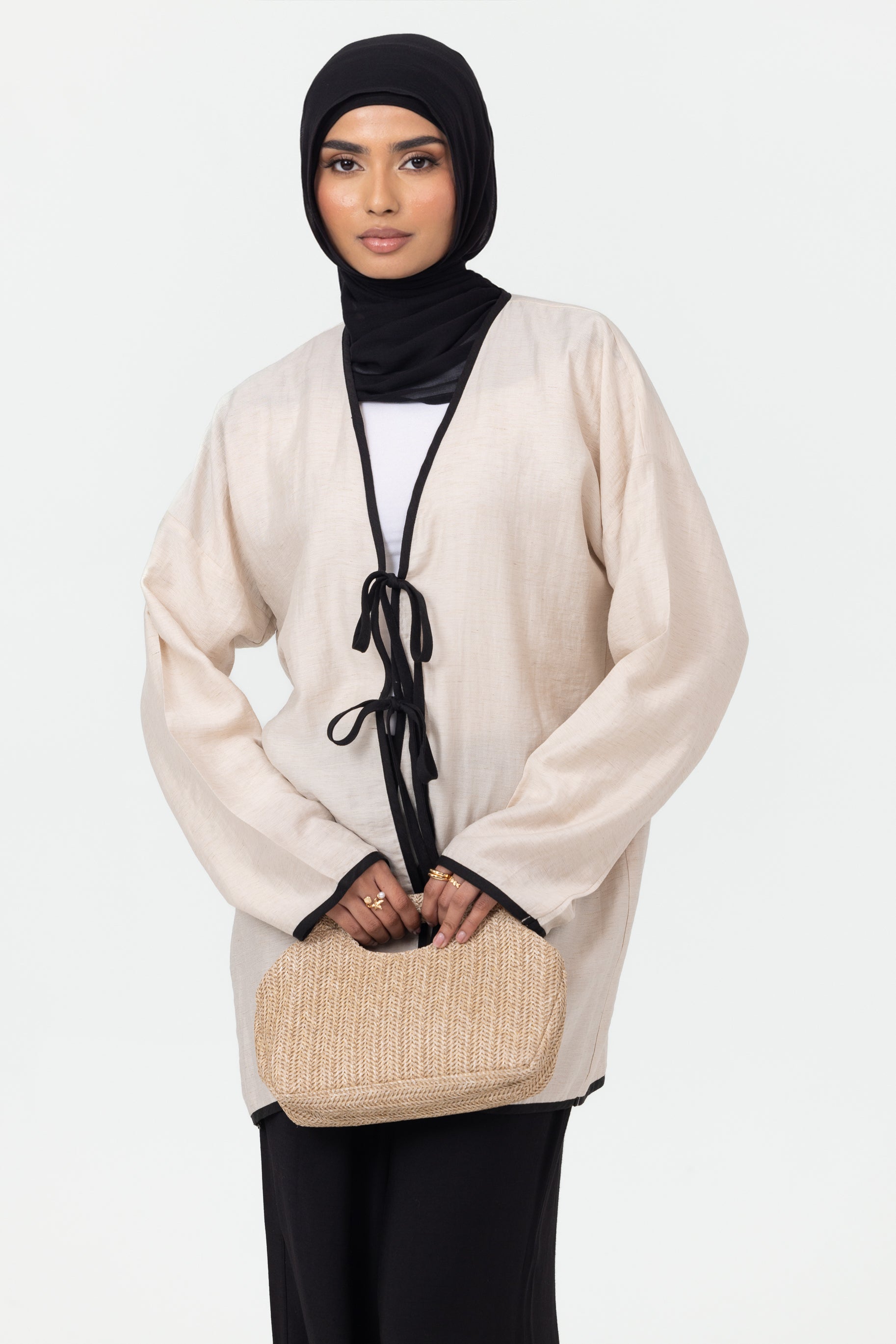 Ayla Contrast Tie Up Top - Oat