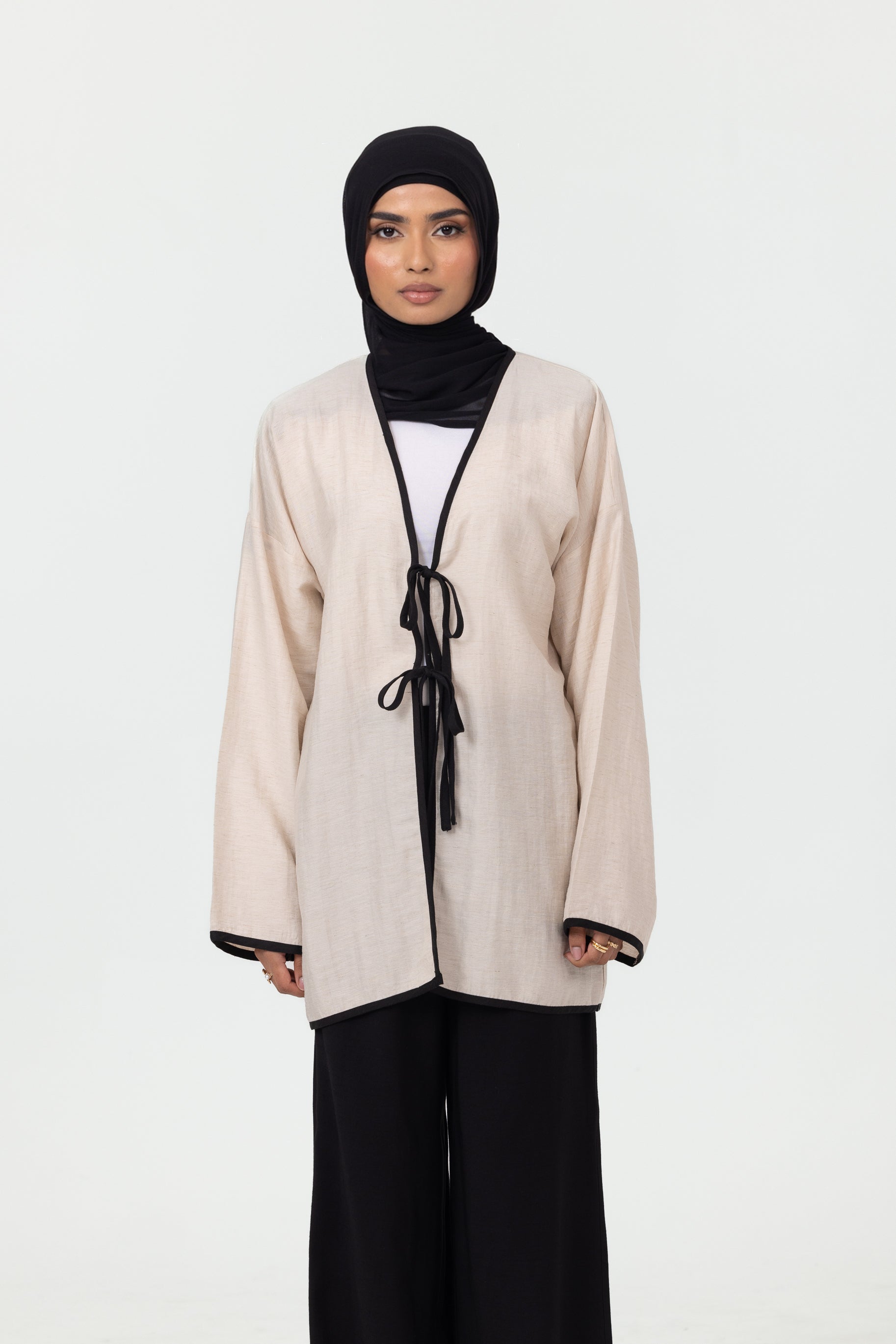 Ayla Contrast Tie Up Top - Oat