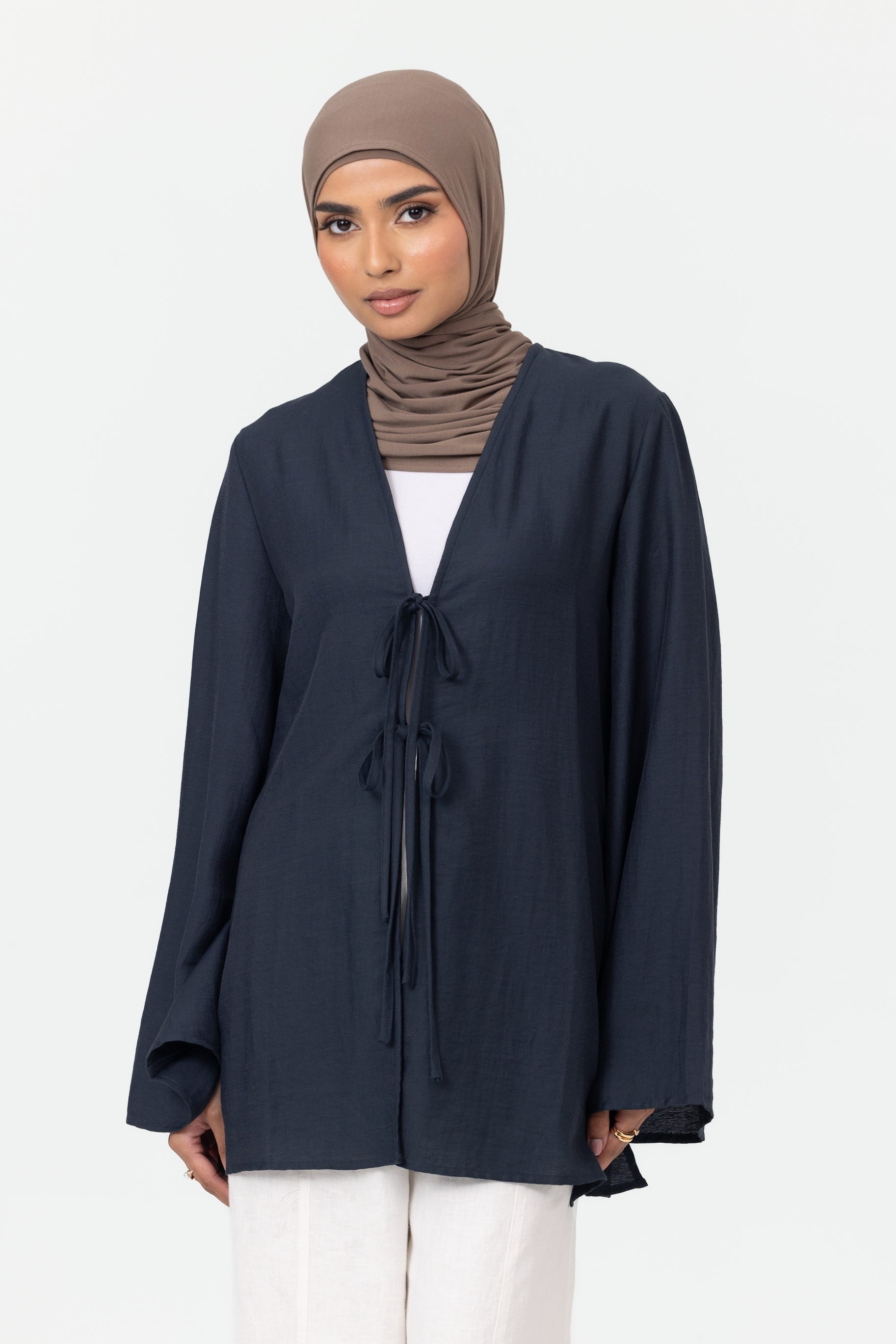 Nadira Linen Tie Up Top - Navy