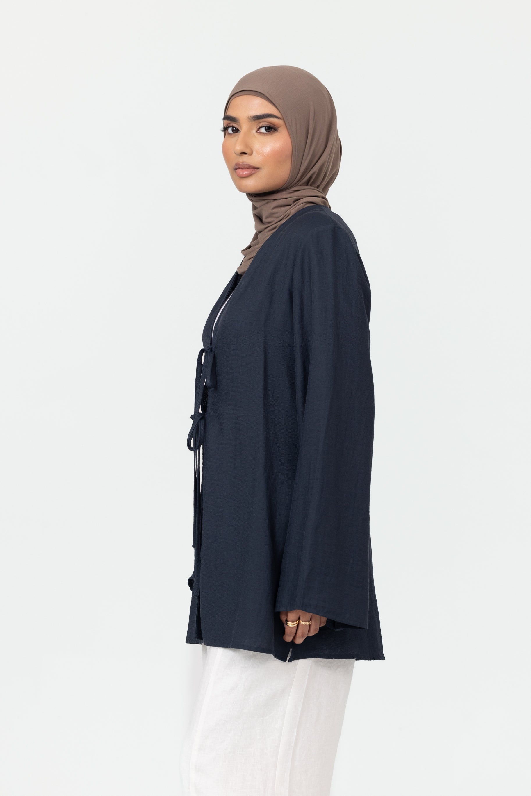 Nadira Linen Tie Up Top - Navy