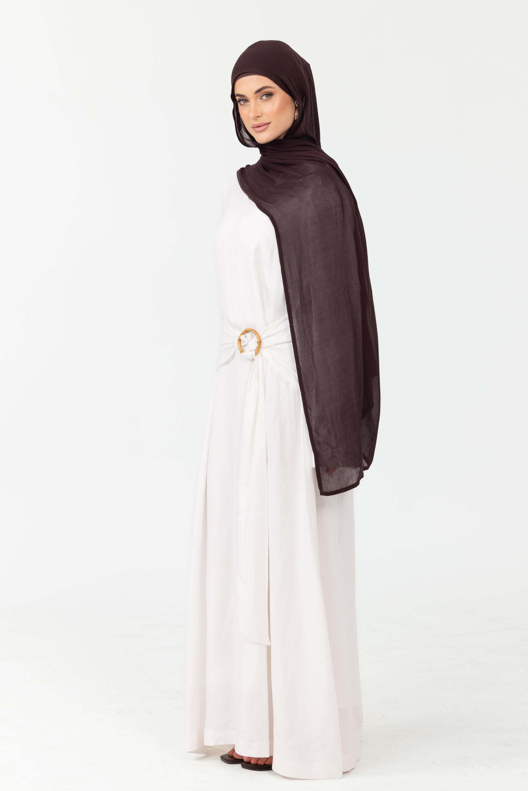 Linen V Neck Wrap Belt Dress - White