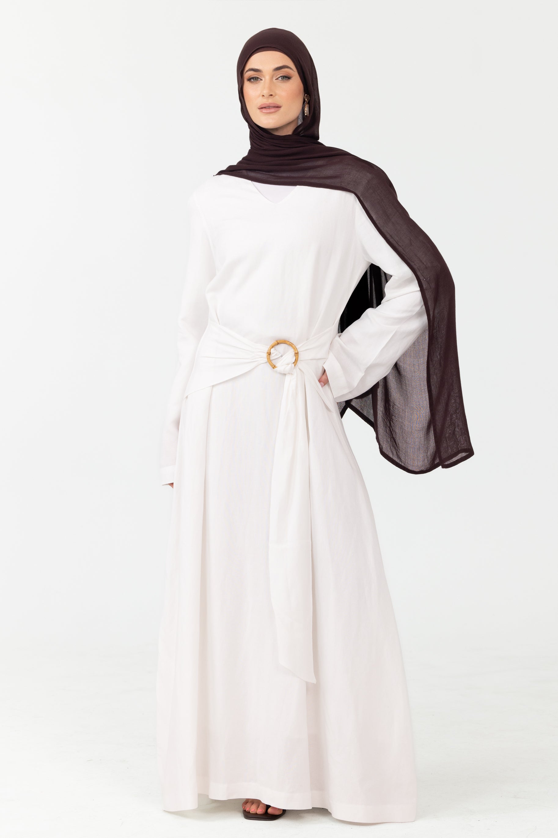 Linen V Neck Wrap Belt Dress - White