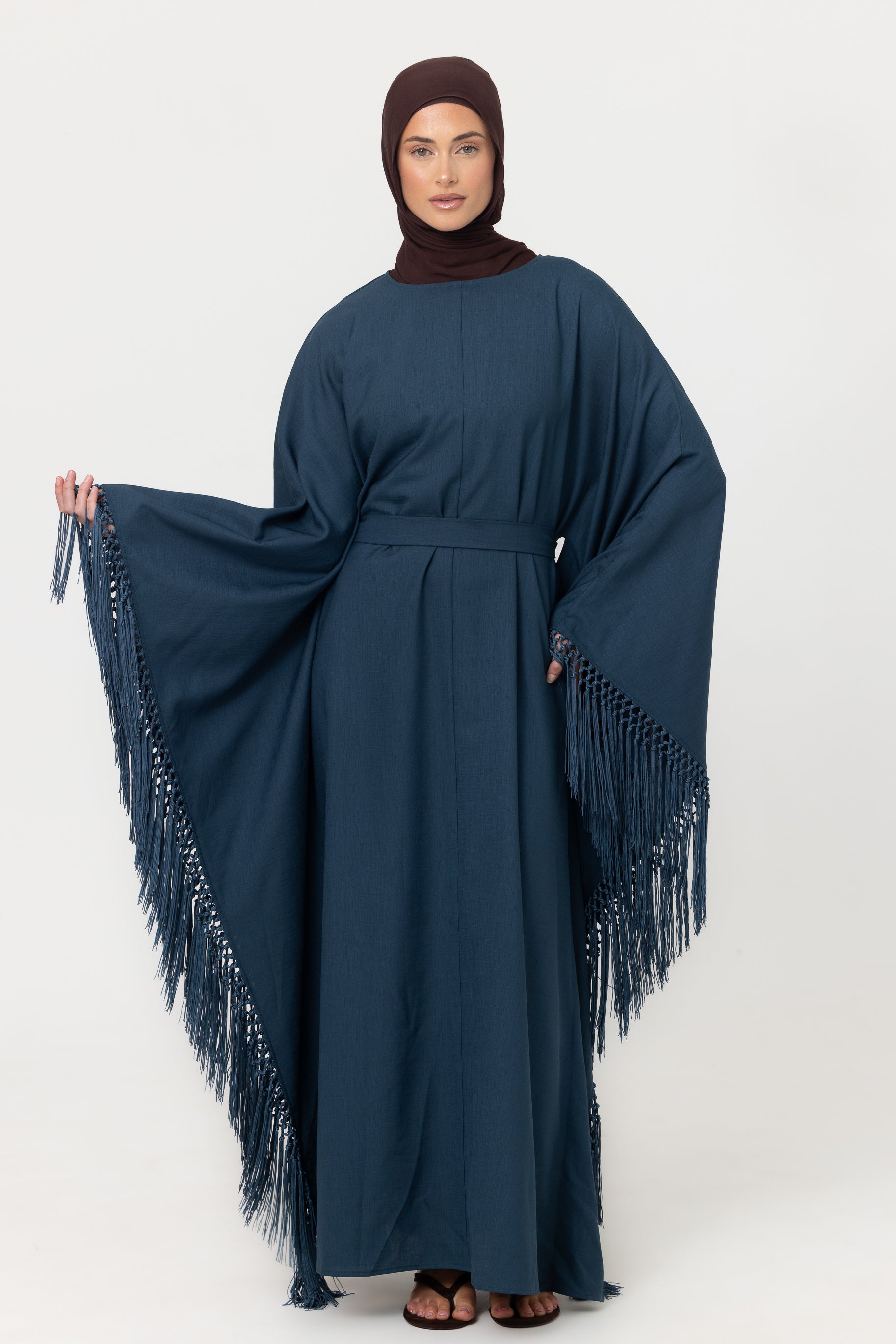 Fringed Batwing Abaya - Crystal Teal