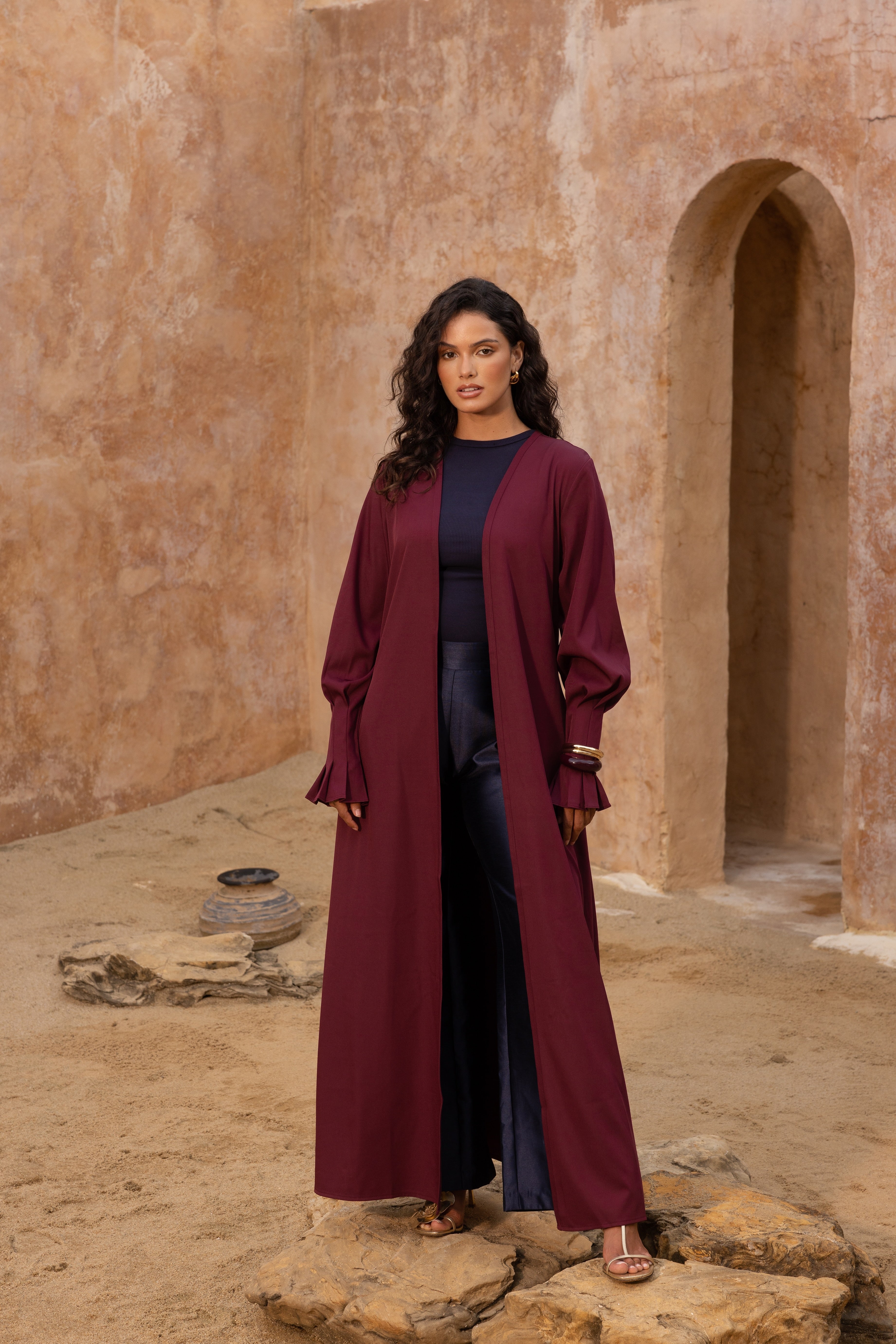 Mira Pleated Cuff Abaya - Mulberry