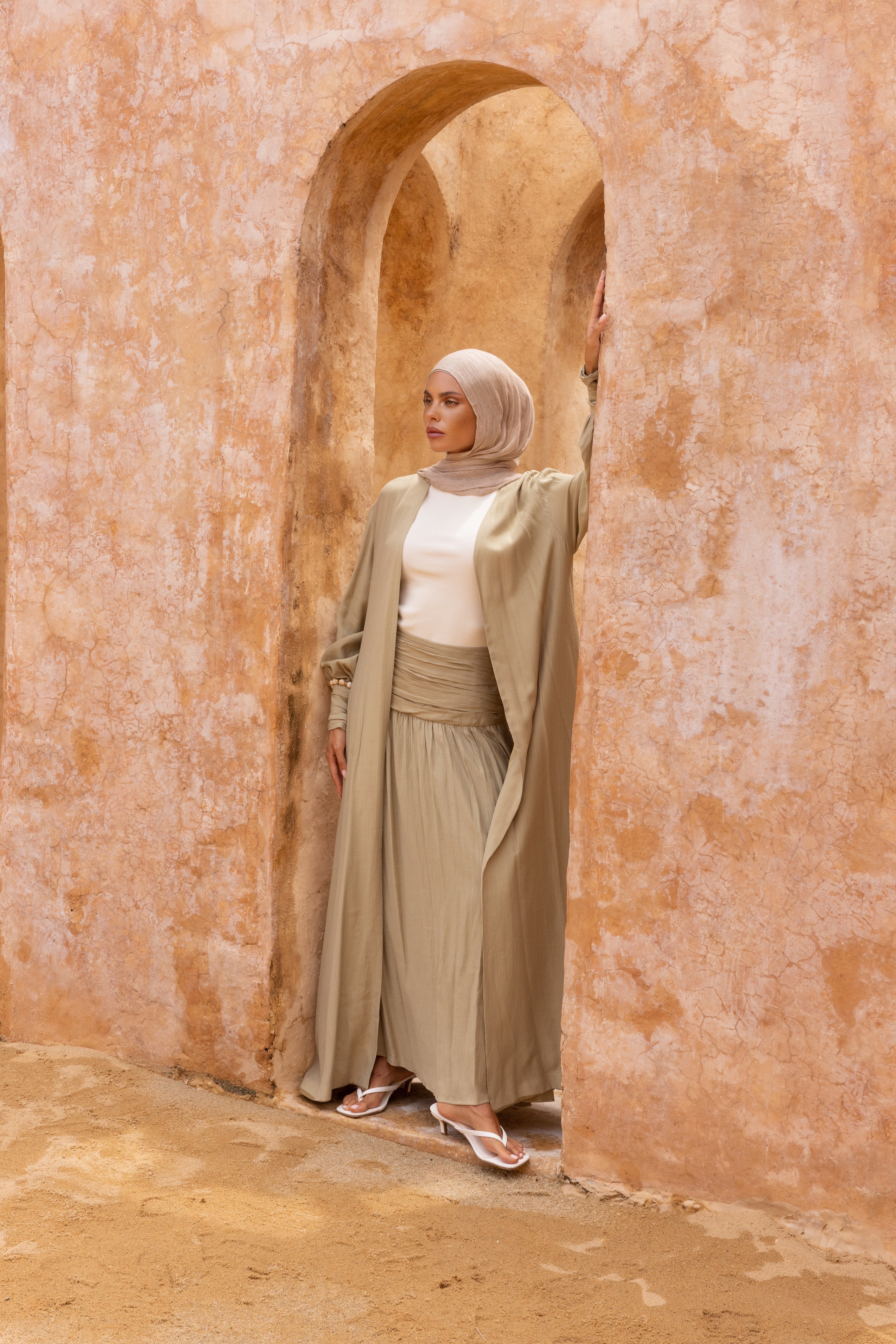 Noelle Ruched Open Abaya - Moss
